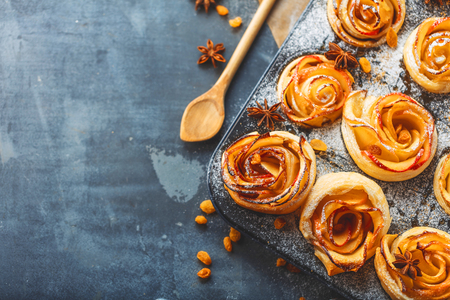 Delicious and beautiful apple rose puff pastriesの写真素材