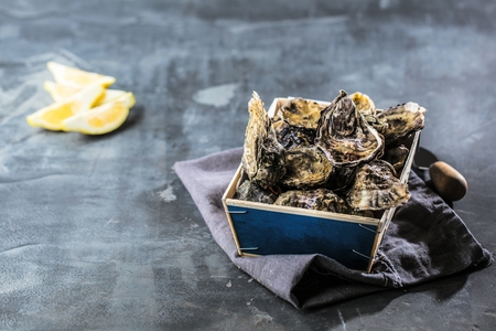 Fresh raw oysters on black old stone background with lemonの写真素材