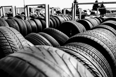 Tire stack background. Selective focus.の写真素材