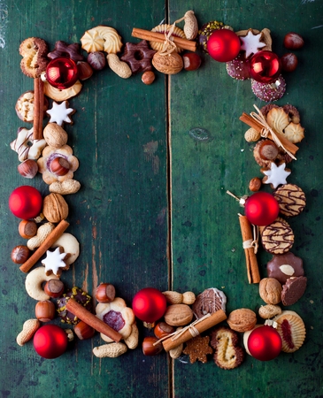 Christmas baking background ,cookies on wooden backgroundsの写真素材