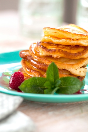 Sweet Homemade Stack of Pancakes with Syrup for Breakfastの写真素材