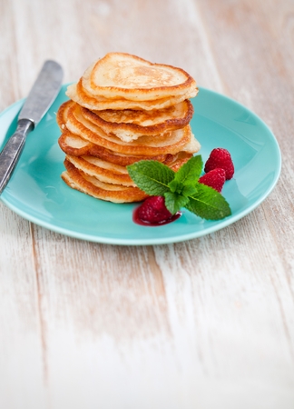 Sweet Homemade Stack of Pancakes with Syrup for Breakfastの写真素材