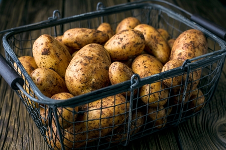 Fresh Bio Potatoes on Wooden background closeup.の写真素材
