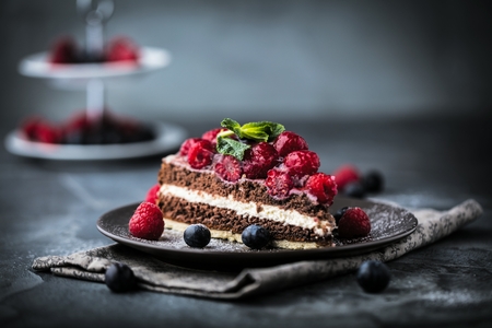 Portion of layered creamy fruit cake in close up view.