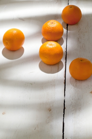 Oranges group freshly picked  on a brown wooden table in an orange grove. Front view.の写真素材