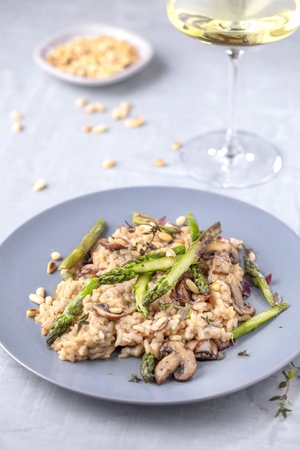 Mushroom risotto on white Grey, close up viewの写真素材