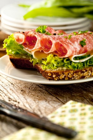 Wholegrain bread with seeds topped with spicy Italian salami sausage and salad on an old grunge rustic wooden boardの写真素材