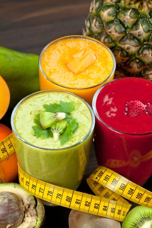 Colorful smoothie, healthy detox vitamin diet or vegan food concept, fresh vitamins, breakfast drink.の写真素材