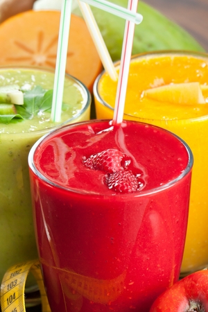 Colorful smoothie, healthy detox vitamin diet or vegan food concept, fresh vitamins, breakfast drink.の写真素材