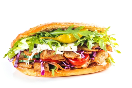 Delicious kebab sandwich isolated on white backgroundの写真素材