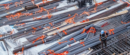Construction workers fabricating steel reinforcement bar at the construction siteの写真素材