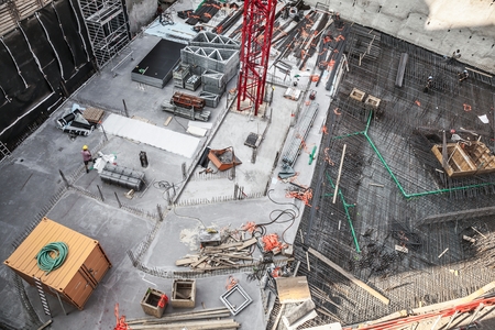 Construction workers fabricating steel reinforcement bar at the construction siteの写真素材