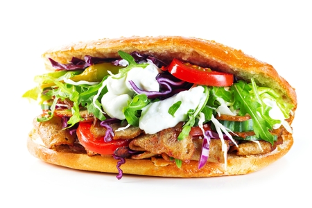 Delicious kebab sandwich isolated on white backgroundの写真素材