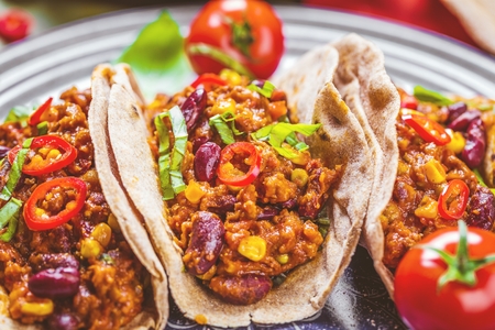 Tortilla and staffing with meat and vegetables.の写真素材