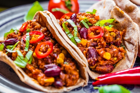 Tortilla and staffing with meat and vegetables.の写真素材