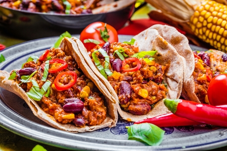 Tortilla and staffing with meat and vegetables.の写真素材