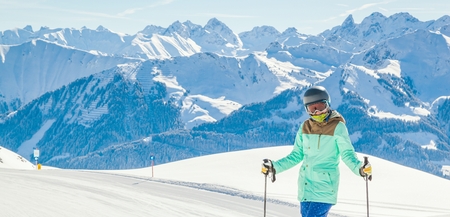 View of mountains and ski slopes in Austriaの写真素材
