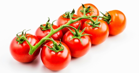 Tomato. Tomato branch. Tomatoes isolated on white. With clipping path. Full depth of field.の写真素材