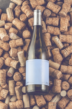 Wine corks grape shape and vine on stone table. Top view with copy space for your textの写真素材
