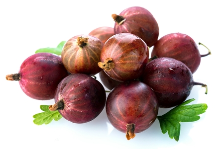 Three red gooseberry with green leaf isolated on white background. Clipping Path. Full depth of field.の写真素材