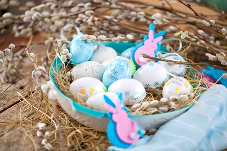 Easter Pussy-willow and blue Easter egg on wooden background. Happy Easter card Text in German Happy...