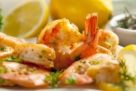 Skewers Barbeque grilled prawns with spicy ingredients.の写真素材