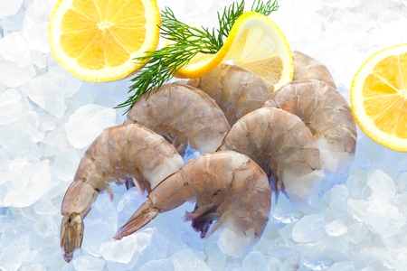 Closeup photo of large size of frozen raw shrimp with tail removedの写真素材