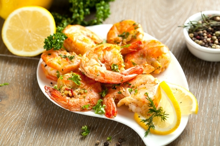 Skewers Barbeque grilled prawns with spicy ingredients.の写真素材