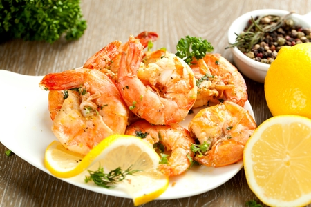 Skewers Barbeque grilled prawns with spicy ingredients.の写真素材