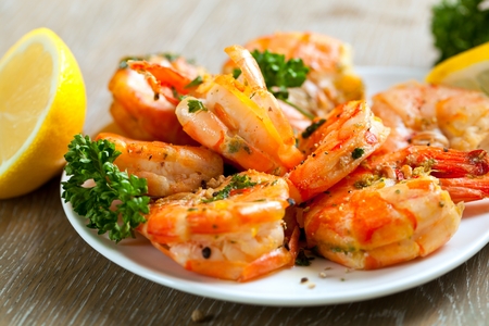 Skewers Barbeque grilled prawns with spicy ingredients.の写真素材