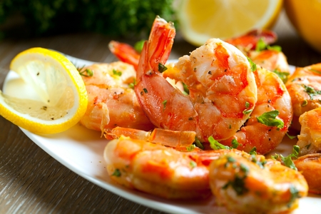 Skewers Barbeque grilled prawns with spicy ingredients.の写真素材