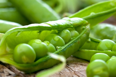 hearthy fresh green peas and pods on rustic wooden backgroundの写真素材