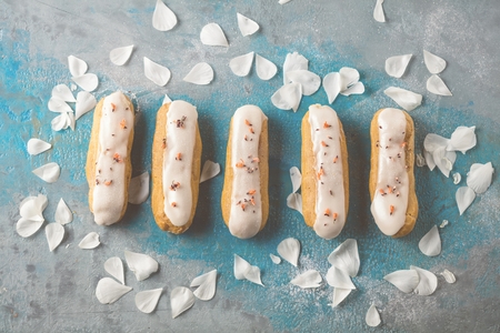 Home made cake eclairs. Traditional eclairs, profitroles classic, eclairs french.