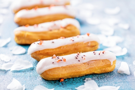 Home made cake eclairs. Traditional eclairs, profitroles classic, eclairs french.
