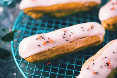 Home made cake eclairs. Traditional eclairs, profitroles classic, eclairs french.