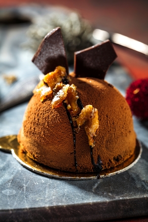 Tasty homemade cheesecake on blue wooden table. Selective focusの写真素材