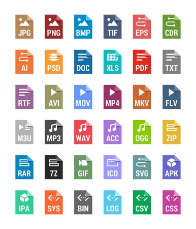 Flat file types icons. Archive, vector, audio, image, system, document formatsのイラスト素材