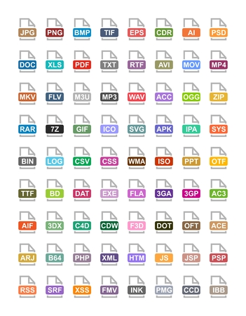 File extension flat vector icons. Archive, vector, audio, image, system, document formatsのイラスト素材