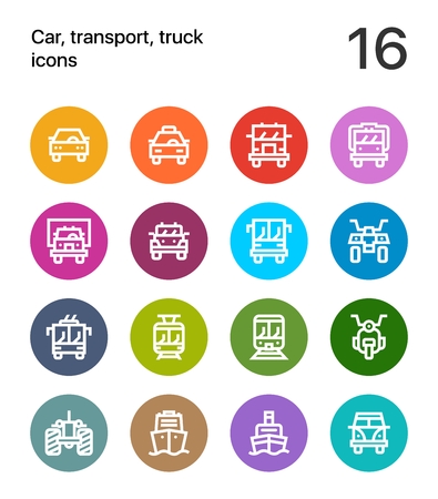 Colorful car, transport, vehicle, truck, train flat line icons for web and mobile applications.のイラスト素材