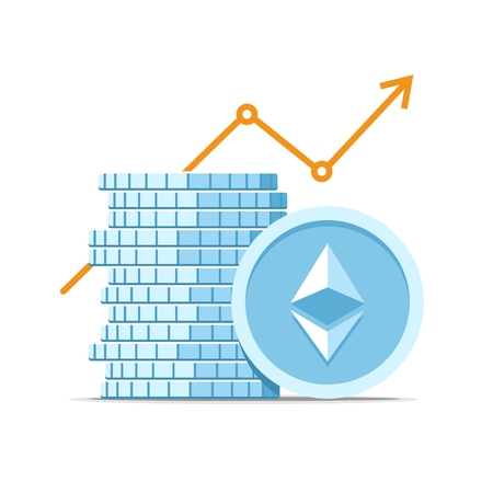 Stack of ethereum cryptocurrency with growth value graph. Vector flat modern isolated crypto illustrationのイラスト素材