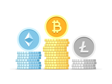 Bitcoin, Litecoin and Ethereum crypto coins in three stacks isolated on white background. Vector flat concept modern illustrationのイラスト素材