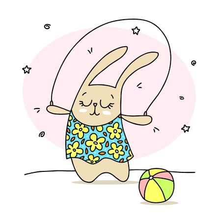 Cute bunny girl playing with jump rope and ball. Cartoon flat funny animal illustrationのイラスト素材