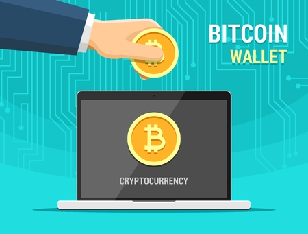Hand holding bitcoin and laptop vector flat illustration. Replenishment of electronic wallet by bitcoins cryptocurrencyのイラスト素材