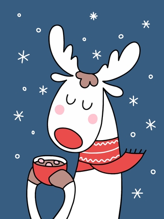 Cute Christmas dear with cup of cocoa and pices of marshmallows. Cartoon funny animal vector illustration Xmas cardのイラスト素材