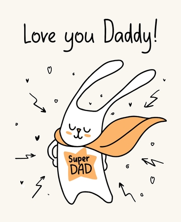 Happy Father`s Day card with bunny super dad wearing the cloak. Cartoon animal funny flat illustrationのイラスト素材