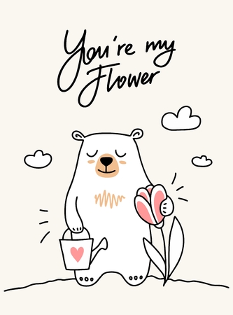 Cute white bear growthes his pink flower on the meadow. Cartoon flat vector animal illustration cardのイラスト素材