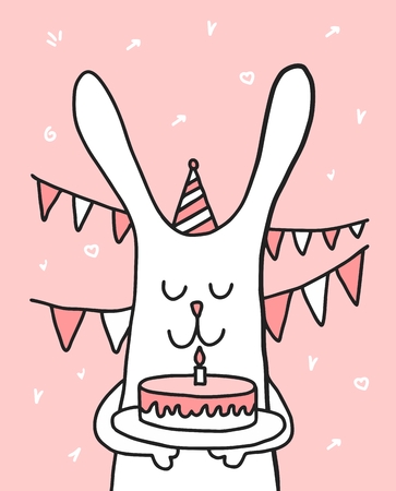 Smiling bunny hold birthday cake with one candle on it. Cartoon flat vector animal illustrationのイラスト素材