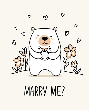 Funny white bear with ring in hands. Marry me cartoon flat vector illustration posterのイラスト素材