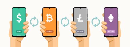 Smartphones with cryptocurrency exchange finance operation. Dollar to bitcoin, litecoin, ethereum. Vector concept technology illustrationのイラスト素材