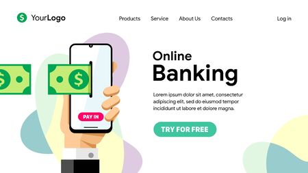 Online banking and electronic wallet. Business via smartphone in the network. Phone in hand with payment finance operation. Landing page vector banner. EPS 10のイラスト素材